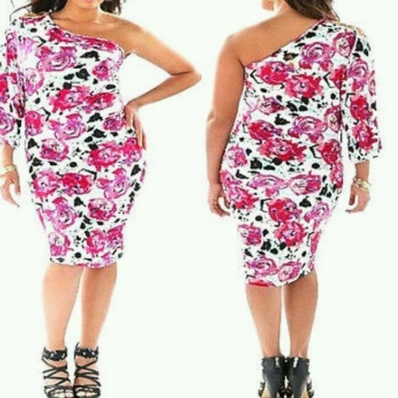 NEW Baby Phat Rose Floral Flower Y2K Midi 1 shoulder Dress 1X PLUS SIZE - Picture 14 of 17